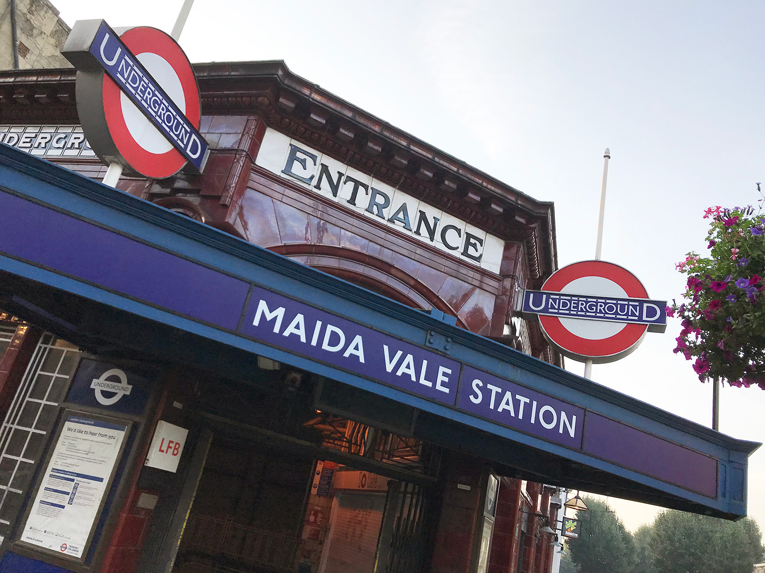 A view from the corner of Elgin Avenue and Randolph Avenue showing the entrance to Maida Vale Station