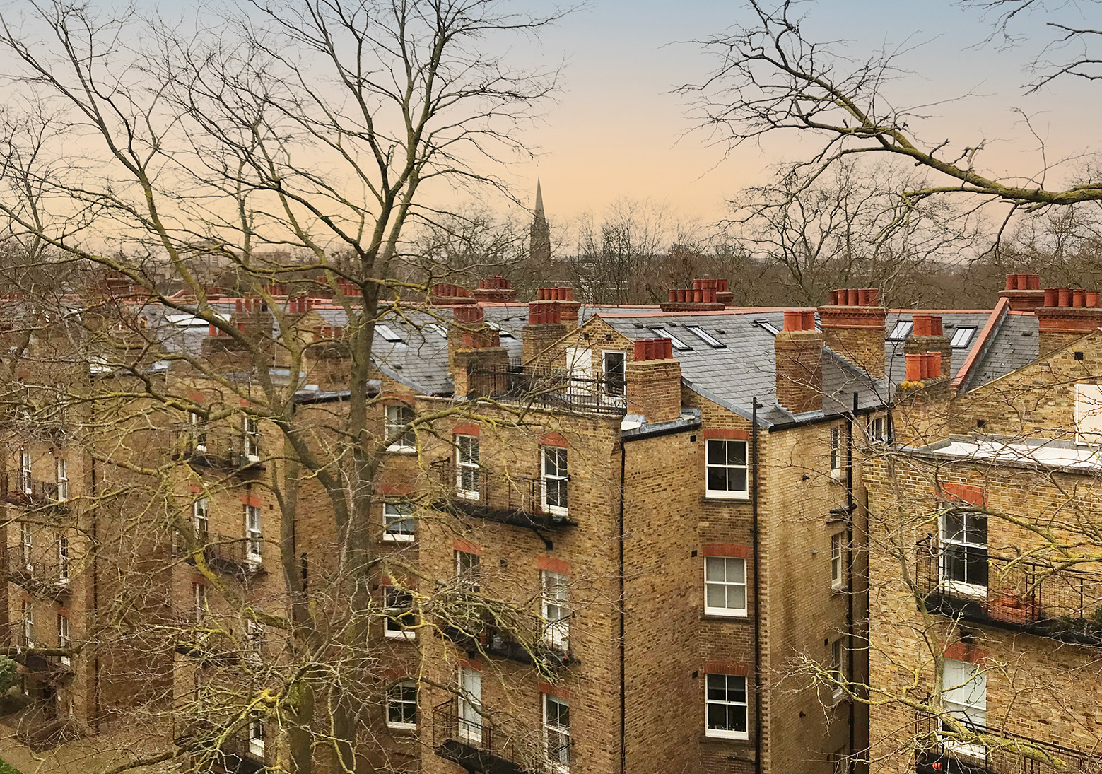 A view of the roofs of Morshead Mansions showing how people have extended their flats by building into them
