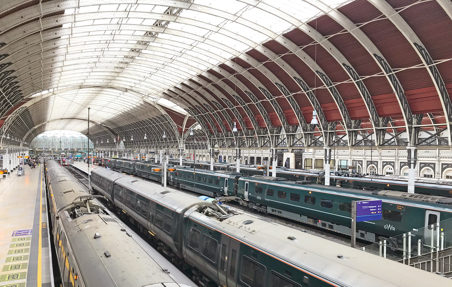 The platforms at Paddington Station covered by Brunel's Glass and wrought iron roof