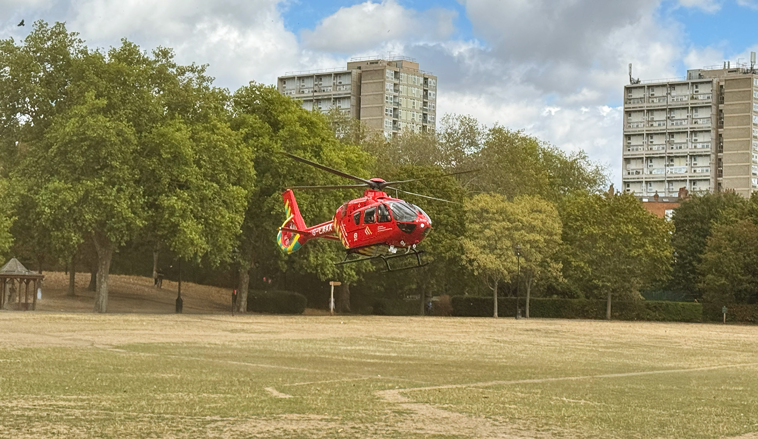 London’s Air Ambulance taking off from Paddington Recreation Ground